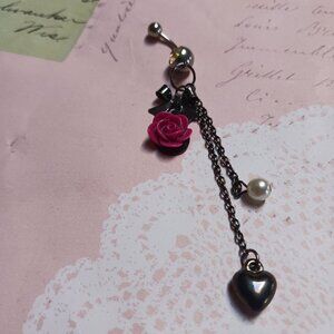 Romantic Fuchsia Rose Heart Bow and Pearl Belly Dangle Belly Ring